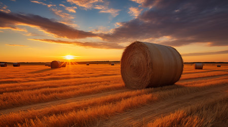 Golden Morning Glow Over Straw Bales. AI Generated.の素材