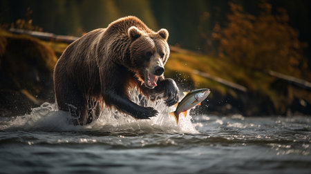 Majestic Grizzly in the Wilderness: Salmon Fishing Adventure. AI Generated.の素材