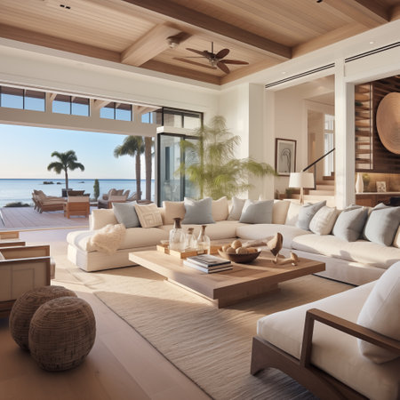Ocean-inspired Elegance: Modern Coastal Home Interior. AI Generated.の素材