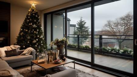 Cozy Modern Living Space with Balcony and Christmas Charm. AI Generated.の素材