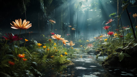 Jungle Celestial Magic: Realistic Cosmos Blending with Rainforest Foliage. AI Generated.の素材