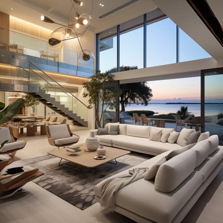 Contemporary Coastal Comfort in the Living Room. AI Generated.の素材