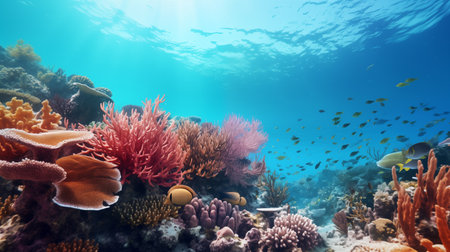 Underwater Coral Delight, Vibrant Sea Life Background. AI Generated.の素材
