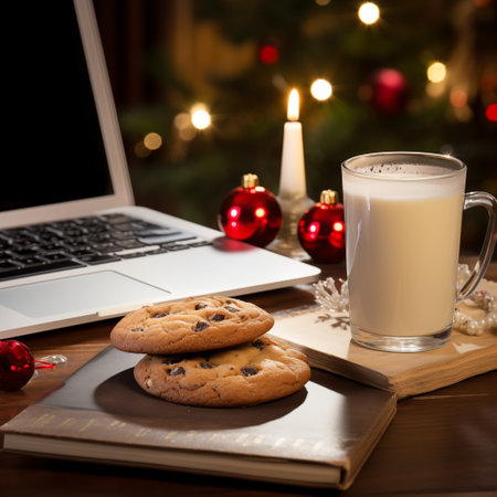 Yuletide Treats: High-Quality Photo of Christmas Milk and Cookies on a Desk. AI Generated.の素材