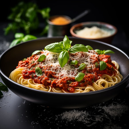 "Culinary Extravaganza: Bolognese Bowl, Basil, and Parmesan Heaven. AI Generated.の素材