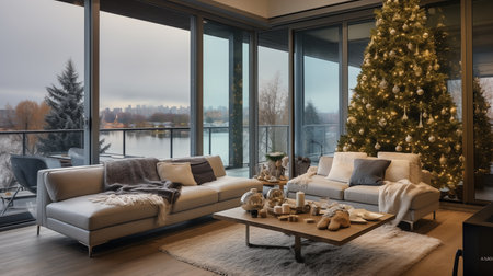 Christmas Tree Adorned Living Room in Modern Country Design. AI Generated.の素材