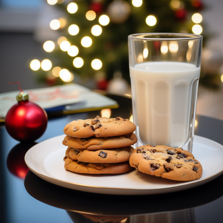 Festive Desk Delight: Milk and Cookies for Christmas Joy, High-Quality Photo. AI Generated.の素材