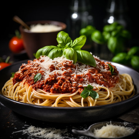 Gourmet Comfort: Steaming Bolognese with Basil and Parmesan Perfection. AI Generated.の素材