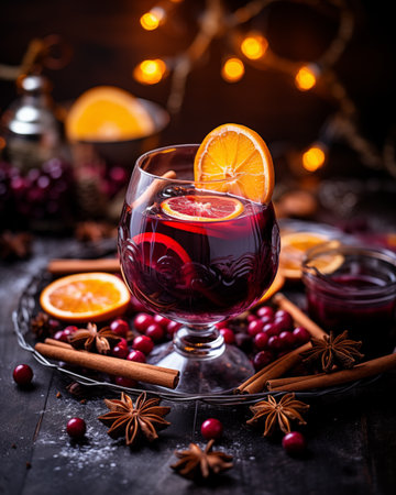 Eco-friendly Elegance: Christmas Red Wine Blend with Cinnamon, Dried Fruits, and Artisan Craftsmanship. AI Generated.の素材
