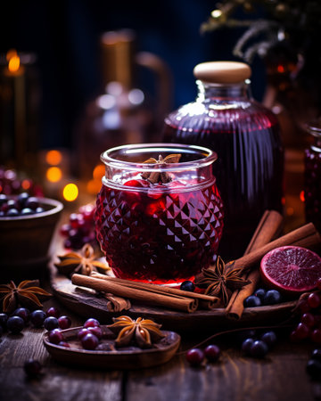 Yuletide Indulgence: Melting Pots of Red Wine, Cinnamon, and Dried Fruits in Yankeecore Style. AI Generated.の素材
