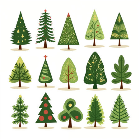 Colorful Christmas Tree Collection in Flat Cartoon Style. AI Generated.の素材