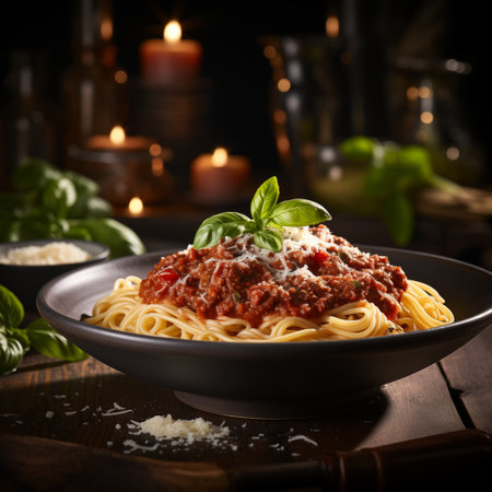 Savory Delight: Steaming Bolognese Bowl with Fresh Basil and Parmesan. AI Generated.の素材