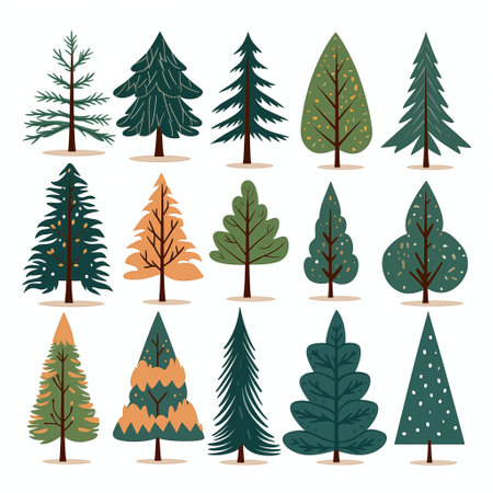 Set of Festive Cartoon Christmas Trees. AI Generated.の素材