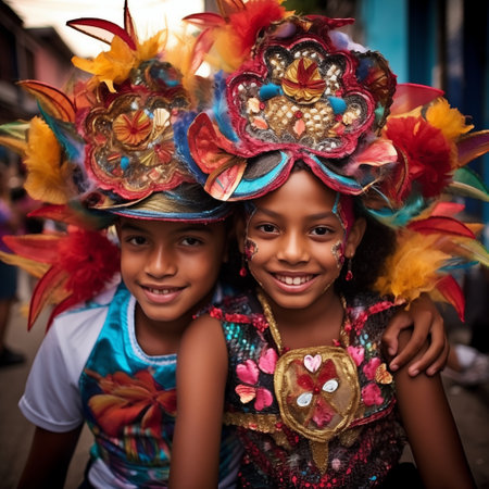 Joyful Celebration: Colombian Boy and Girl at Barranquilla Carnival. AI Generated.の素材