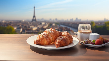 Morning Bliss in Paris: Croissant, Coffee, and Eiffel Tower Magic. AI Generated.の素材