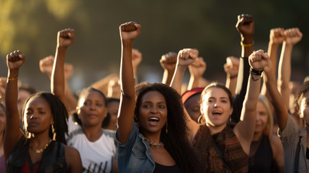 Celebrating Diversity: Women from Different Backgrounds Raise Fists. Unbreakable Hands Reach High, Women Take a Stand Together. AI Illustrationの素材