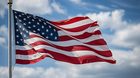 United States Flag Waving on a Flagpole Under the Blue Sky. American Tapestry Unfolds, Stars & Stripes Whisper Promises. AI Illustrationの素材