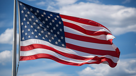 Majestic USA Flag Soaring Proudly Above Against the Blue Sky.  A Beacon of Hope, US Eagle Soars on Stars & Stripes. AI Illustrationの素材