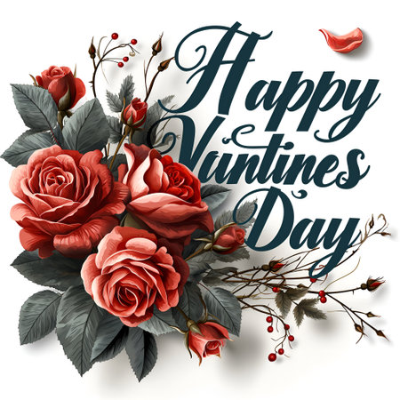 Elegant Valentine's Greetings: Handwritten Happy Valentines Day with Red Roses. AI Illustrationの素材