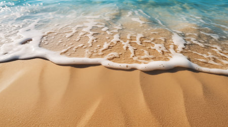 Tropical Elegance: Closeup of Light Sand Beach and Azure Waters. Woven Wings Kiss Turquoise Tides, Beach Carpet's Escape Awaits. AI Illustrationの素材