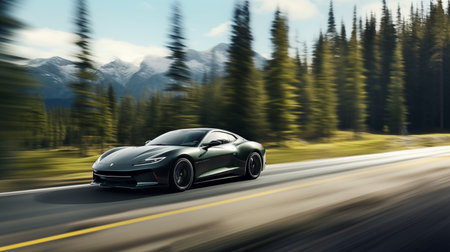 Sleek Black Sports Car Racing Through National Park in Daylight. A Black Flash Tears Through National Park Majesty, Stick Figure Dreams Take Flight. AI Illustrationの素材