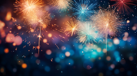 Mesmerizing Celebration: Colorful Fireworks with a Dynamic Bokeh Backdrop. AI Illustrationの素材