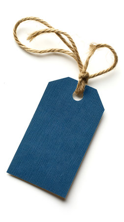 Indigo Elegance: Blank Price Tag with Rustic Hemp Rope. Raw Hemp & Indigo Embrace, Blank Price Tag Awaits Your Craft. AI Illustrationの素材