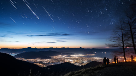 Stellar Elegance: A Cascade of Meteor Words Adorning High Mountain Peaks. A Mountain Whispers in Meteor Tongues, Celestial Poetry Unfurls Above. AI Illustrationの素材