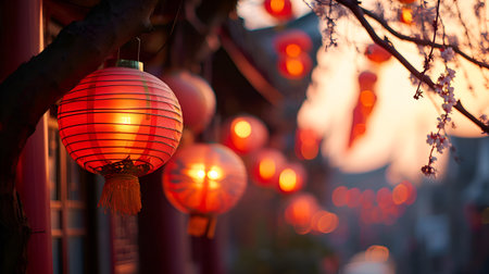 Colorful Lanterns Illuminate the Night in Chinese New Year Celebration. Chinese New Year Whispers Hope, Wishes Dance in Flaring Light. AI Illustrationの素材