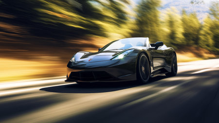 Daylight Thrill: Sleek Sports Car Blurring Through National Park. A National Park Uprooted, Black Blur Devours Curves, Stick Figure Holds its Breathの素材