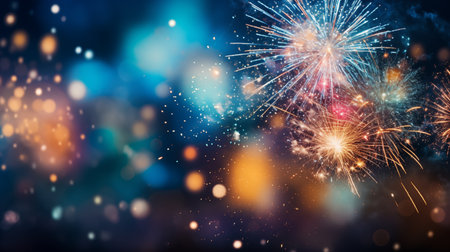 Dynamic Display: Colorful Fireworks Entertaining the Night Sky. Fireworks Paint Futures Bright, Celebration Whispers Promises. AI Illustrationの素材