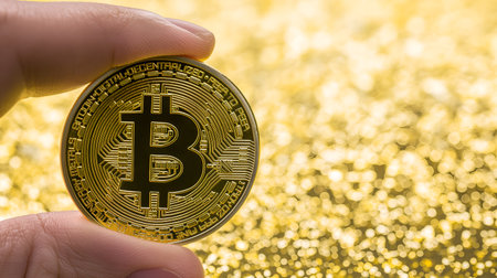 Shimmering Crypto: Child's Hand with Glowing Bitcoin, Iridescent Studio Light. A Spark of Tomorrow, Child's Hand Cradles Glowing Bitcoin in Golden Canvas. AI Illustrationの素材