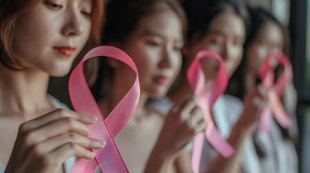 United Against Cancer: Women Clutching Pink Ribbon in Studio Setting. Pink Ribbon Unites, Empowers - Symbol of Hope Against Cancer. AI Illustrationの素材
