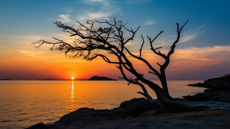 Twilight Remnants: Silhouette of a Dead Tree against Seaside Sunset. Skeletal Silhouette Pierces a Fiery Seascape Sunset. AI Illustrationの素材