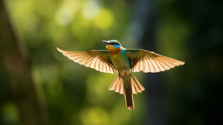 Flights of Fancy: Blue-Tailed Bee-Eater's Arrival in Thailand's Nature. Bee-Eater's Sharp Gaze Scans Thailand's Verdant Depths. AI Illustrationの素材