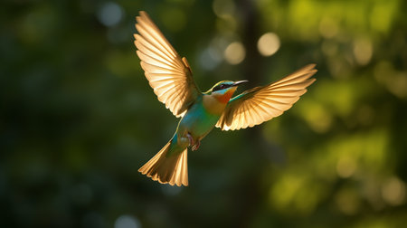 Thai Tranquility: Blue-Tailed Bee-Eater's Gentle Landing in Sunlight. Bee-Eater's Iridescent Arrival Paints a Jewel-Toned Scene in Thailand. AI Illustrationの素材
