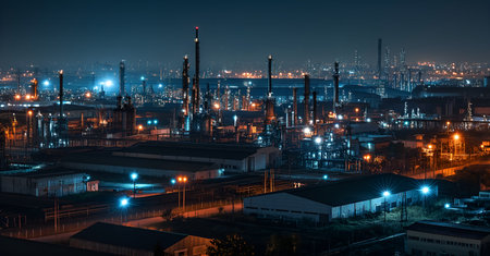 Sunset Radiance: A Flare Illuminates the Industrial Estate in Beauty. Industrial Silhouette Bathed in Sunset's Blazing Flare. AI Illustrationの素材
