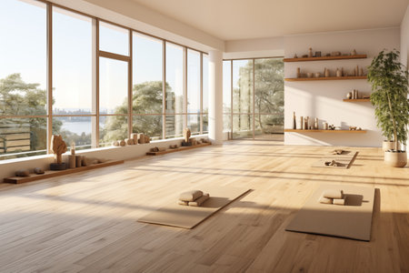 Luminous Tranquility: Modern Yoga Room with Panoramic Light-Filled Windows. Where Light and Breath Dance in a Modern Yoga Haven. AI Illustrationの素材