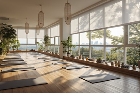 Zen Retreat: Capturing Light and Space in a Contemporary Yoga Studio. Expansive Light Washes Over Tranquil Wood and Greenery in This Yoga Oasis. AI Illustrationの素材