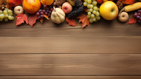 Rustic Elegance: Cornucopia of Autumn Fruits and Vegetables for Thanksgiving. Squash, Kale, and Cranberries Rest Atop Aged Wood, A Thanksgiving Still Life Whispering Nature's Bounty. AI Illustrationの素材