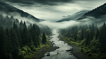 Aerial Elegance: Coniferous Forest Unveiled in the Soft Embrace of Fog. A World Transformed, Lush Greens Fading into Ethereal Greys, Conifers Become Silhouettes. AI Illustrationの素材
