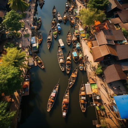 Canals & Crafts: A Bird's-Eye View of a Vibrant Thai Marketplace Tapestry.  
AI-generatedの素材