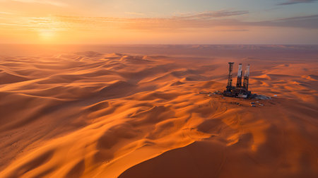 Distant Oil Fields: Aerial Photography Revealing Rigs Amidst the Vast Desert Expanse. AI-generatedの素材
