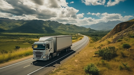 Highway Horizon: A Modern Truck's Colorful Journey Beneath Wispy Clouds and Endless Blue. AI-generatedの素材
