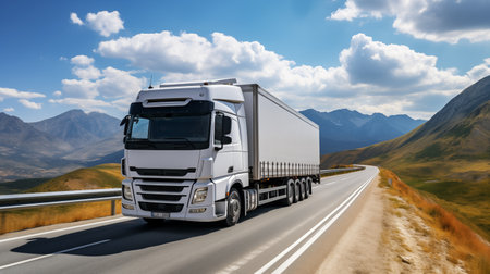Chromatic Canvas: Modern Truck Paints the Highway with Color Under a Azure Sky. AI-generatedの素材