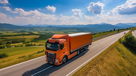 Wind & Wonder: A Modern Truck Embraces the Open Road, a Rainbow Against the Vast Sky. AI-generatedの素材