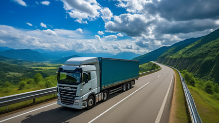Rainbow Runner: A Modern Truck Races Across the Highway, Leaving a Spectrum in its Wake. AI-generatedの素材
