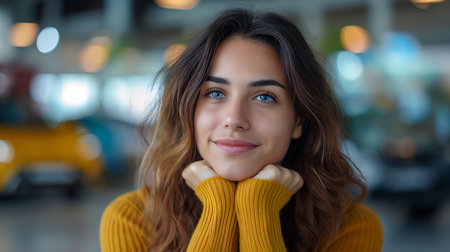 Beautiful Brazilian Woman Deliberates Car Choices, Lost in Contemplation. AI-generatedの素材