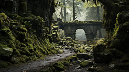 Emerald Enigma: Sunlight Peeks Through Moss-Veiled Stones, Secrets Whispered on Ferns. AI-generatedの素材