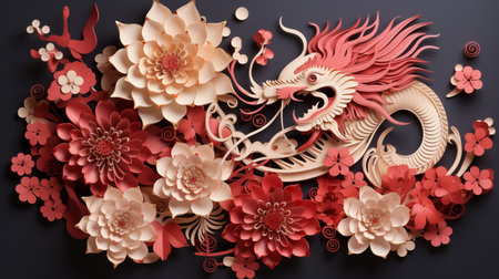 Dragon's Charm: Expressive 3D Paper Cut Craft with Golden Chrysanthemum Accents. AI-generatedの素材